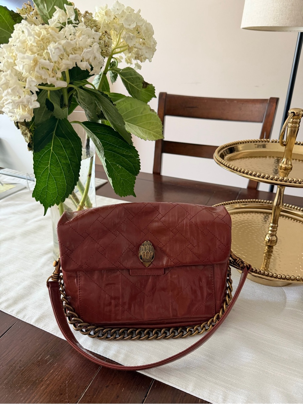 Kurt Geiger Burgundy Quilted Leather Shoulder Bag with Chain Strap